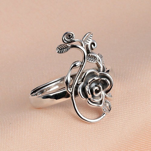 Women Vintage Sterling Silver Rose Flower Vine Adjustable Ring A3189 - Bild 1 von 8