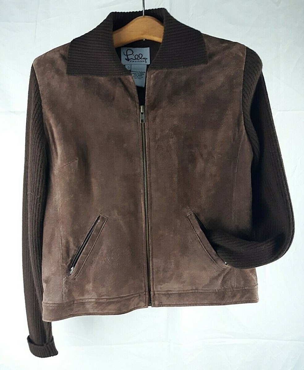 Lilly Pulitzer Brown Suede Leather Zip Jacket w/ Knit Sleeves and 