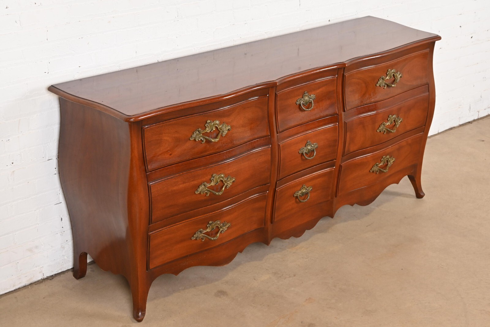 John Widdicomb French Provincial Louis XV Solid Mahogany Nine-Drawer Dresser