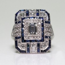 Art Deco 935 Argentium Silver Blue Sapphire White CZ Women's Wedding Ring