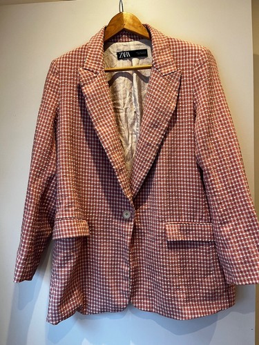 Zara Dusky Pink Cream Gingham Blazer Jacket L 14-16 Check Coat Bogger Oversize - Picture 7 of 15