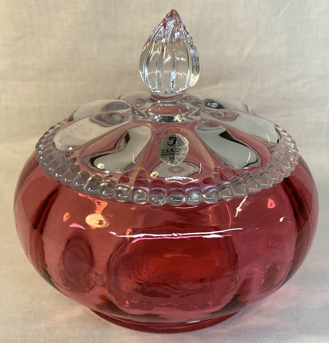Fenton Art Glass Cranberry Candy Dish With Crystal Beaded Lid 2003
