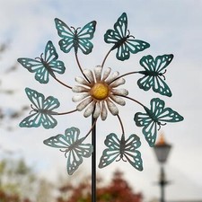 Blue Butterfly and Daisy Flower Garden Spinner Outdoor Ornament