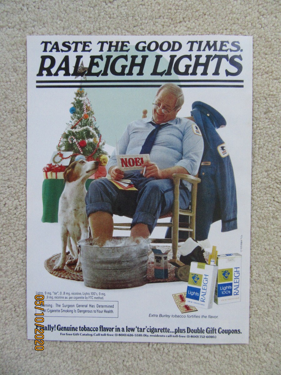 free cigarettes mail Raleigh Lights Cigarettes, Mail Carrier Christmas, Extra Burley Tobacco,  1979 Ad