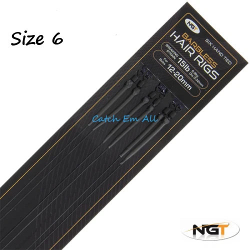 NGT 6x Hand Tied Hair Rigs 15lb Braid Barbless Size 6 Carp Fishing 12-20mm Bait