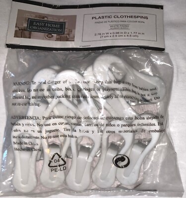 Easy Home Organization Plastic Clothespins, White, 2.75 W X .98 D X 1.77 H, 10Pc