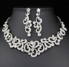 Ocean Wave Clear Austrian Rhinestone Crystal Necklace Earrings Set Bridal N890