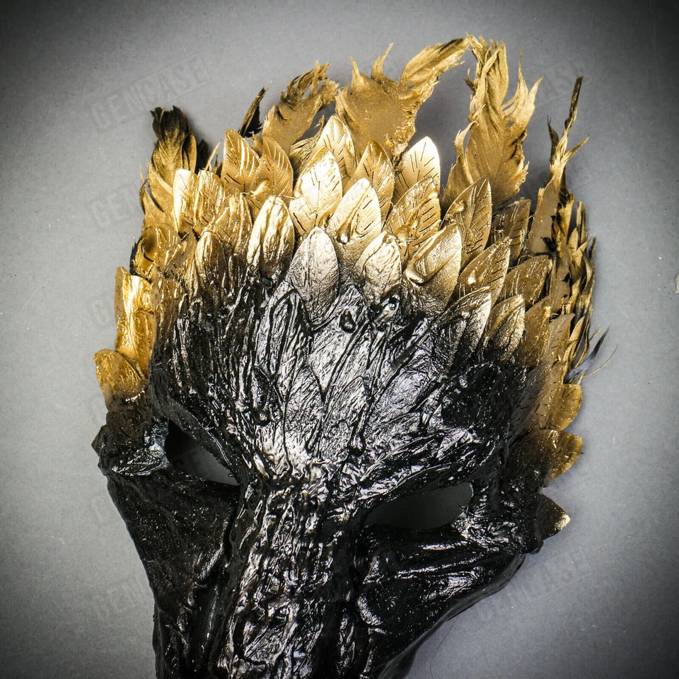 Black Plague Doctor Raven Bird Nose Halloween Costume Party Mask Gold Feather - Image 4 of 4