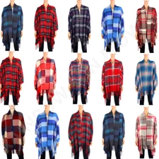 Oversized 100% Cashmere Thick Shawl Poncho Blanket Tartan Stripe Warm Scarf