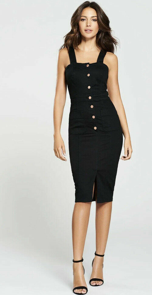 Michelle Keegan Black Denim Bodycon Midi Dress 16 Button Stretchy