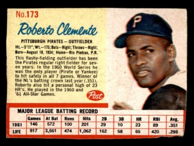 1962 Post Baseball #173 Roberto Clemente VG *e1
