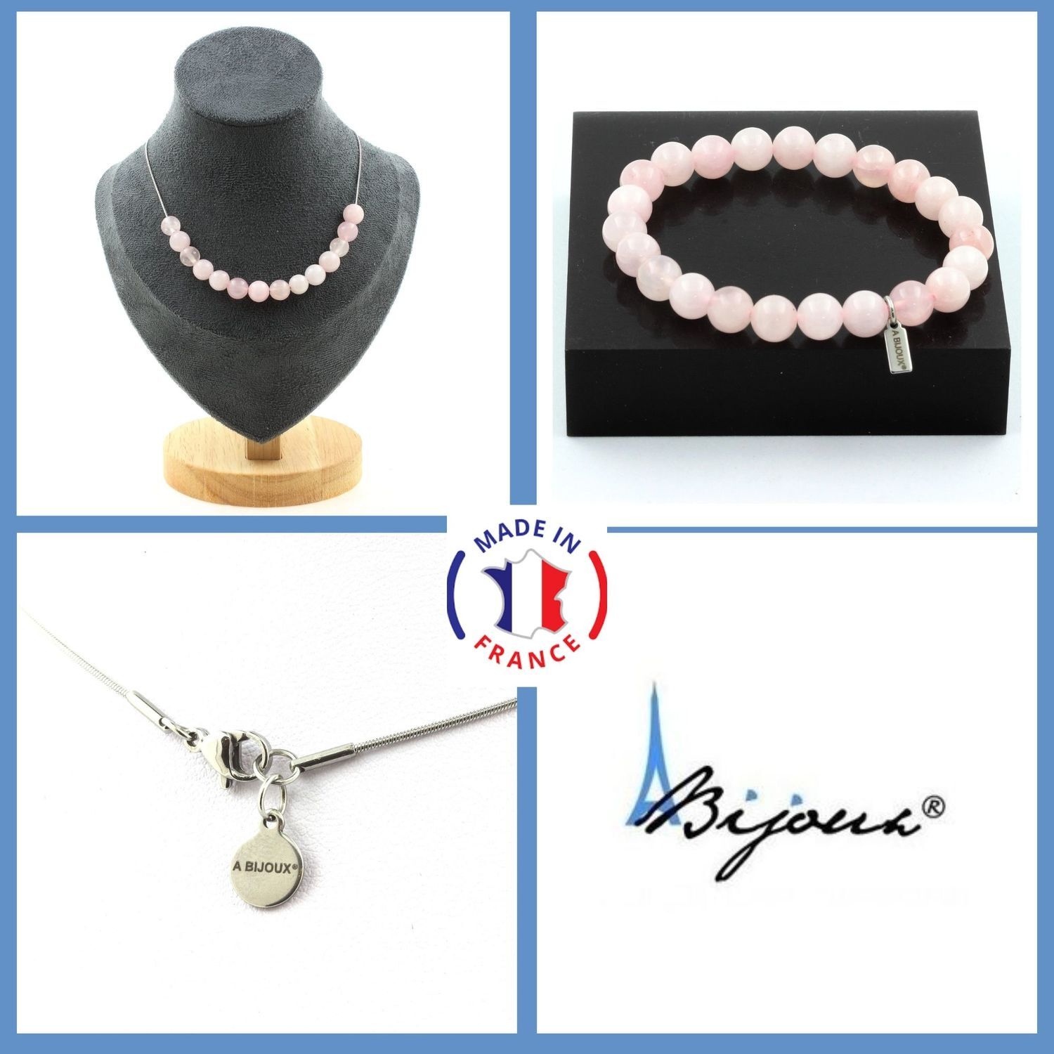 Quartz rose Parure bijoux Bracelet Collier 15 perles 8 mm minéraux