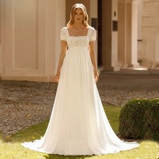 Wedding Dress for Pregnant Bride Short Lace Sleeves Square Collar Chiffon A Line