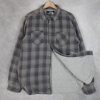 The North Face Shirt Jacket Mens Medium Gray Plaid Flannel Quilted Snap Lined