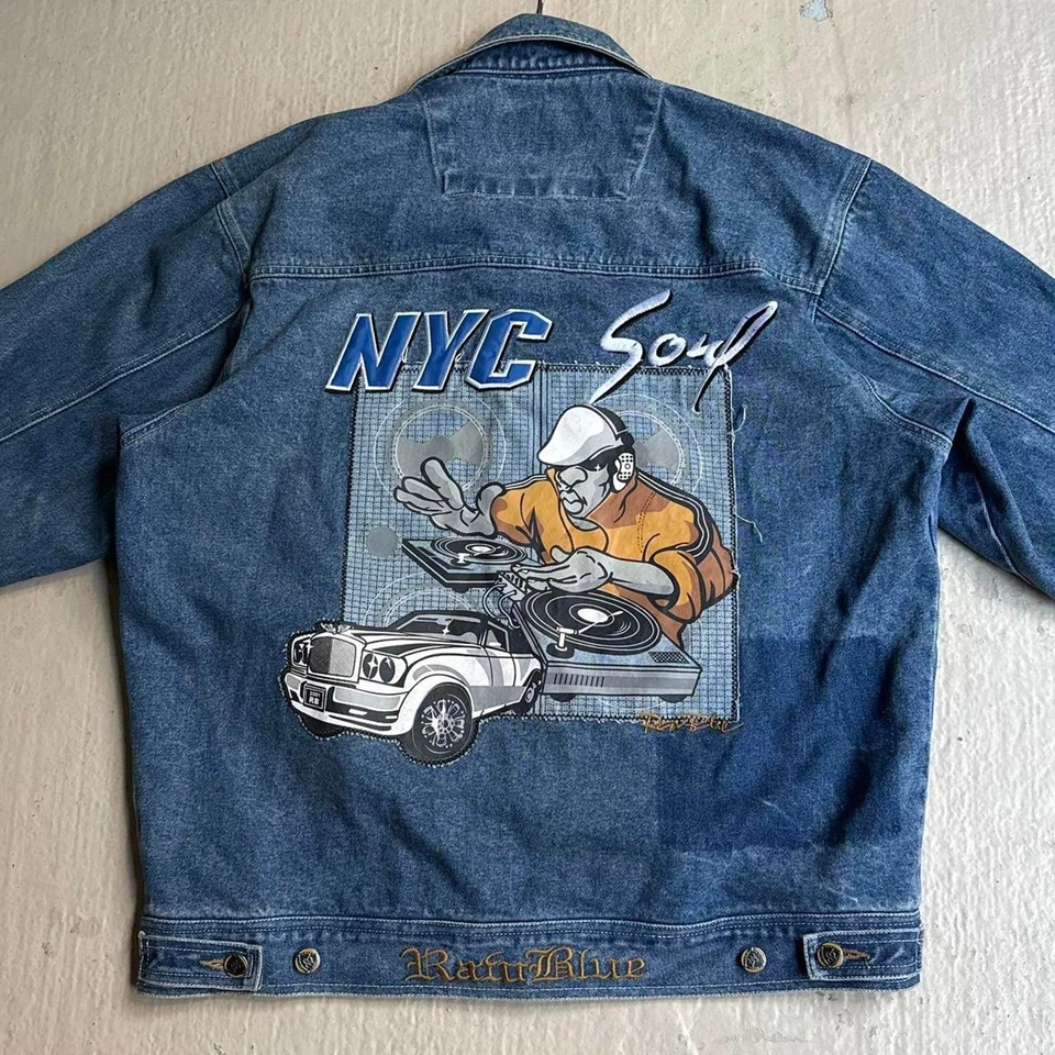 Chaqueta vaquera azul crudo Y2K DJ Denim para hombre XL música hip hop Foto 4 de 4