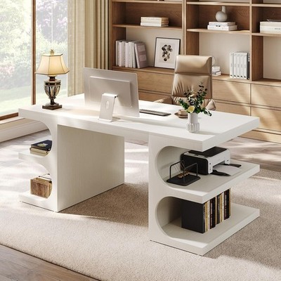 63'' White Executive Office Desk Modern Wood Computer Desk with Storage Shelves