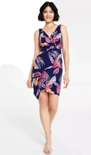 Guess Womens Faux-Wrap Pleated-Side Navy Multi-Color Dress Size 14