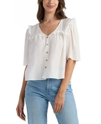 BCX Solid Crinkle V-Neck Top Juniors Small Off White Elbow Sleeve Button Front