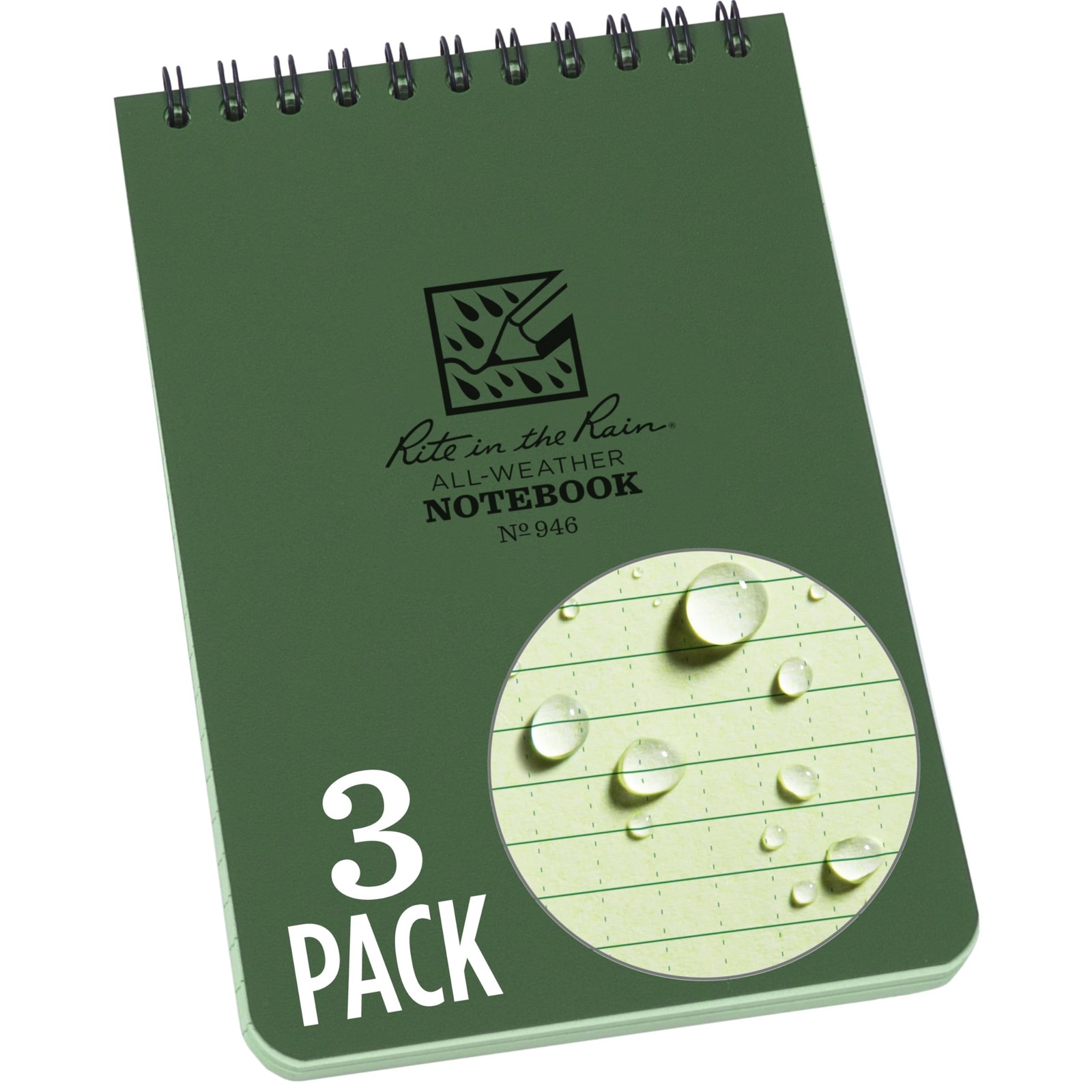 Rite in the Rain Weatherproof Top Spiral Notebook 4x6 Green Cover 3 Pack