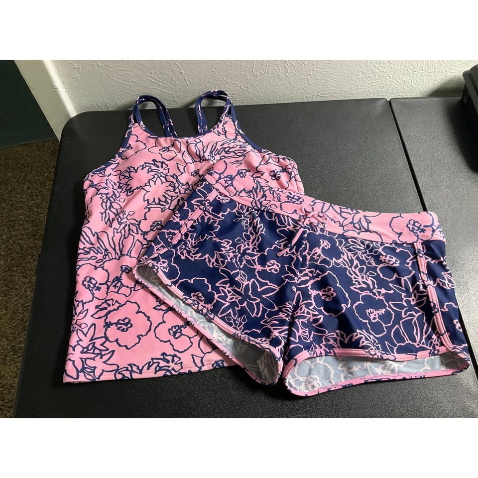 Conjunto Tankini Athleta Girl Pool Days XXL/16 Rosa Azul Marino Floral Traje de Baño Top Pantalones Cortos Foto 3 de 4