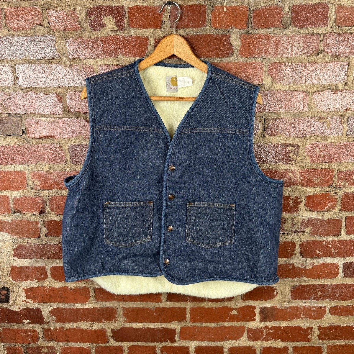 Vintage Carhartt Vest Mens XL Blue Denim Sherpa Lined Workwear