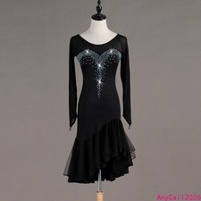 Round Neck Rhinestone Long  Sleeve Latin Ballroom Dance Dress Jitterbug Costume