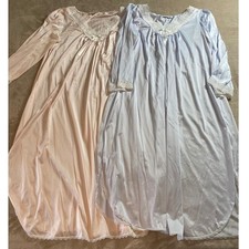 Lot of Two VTG Miss Elaine Nightgown Pastel Pink Blue Lace Trim Long Sleeve USA