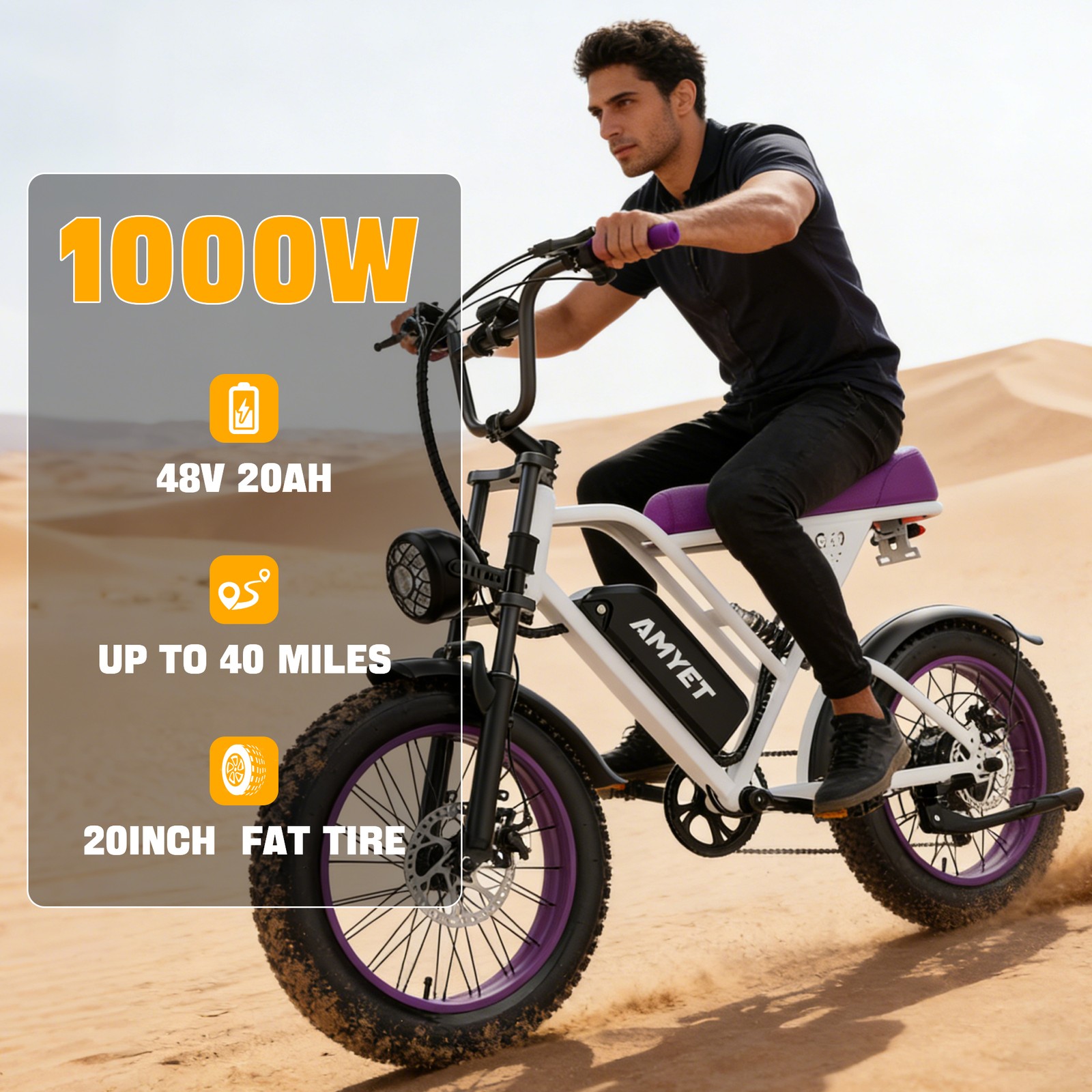 AMYET 20" Fat Tire Electric Bike for Adults 1000W 48V 20Ah Full Suspension ebike