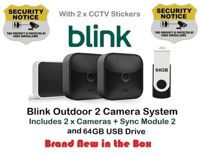 Blink Wireless HD Smart Security 2 Kamera Gen3 System + 64GB USB + CCTV Aufkleber