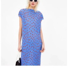 Zara Trafaluc Dress Women's Medium Blue/Red Polka Dots Cap Sleeve Pleated Midi