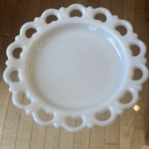 Vintage Anchor Hocking Laced Edge White Milk Glass Dish 8” Diameter