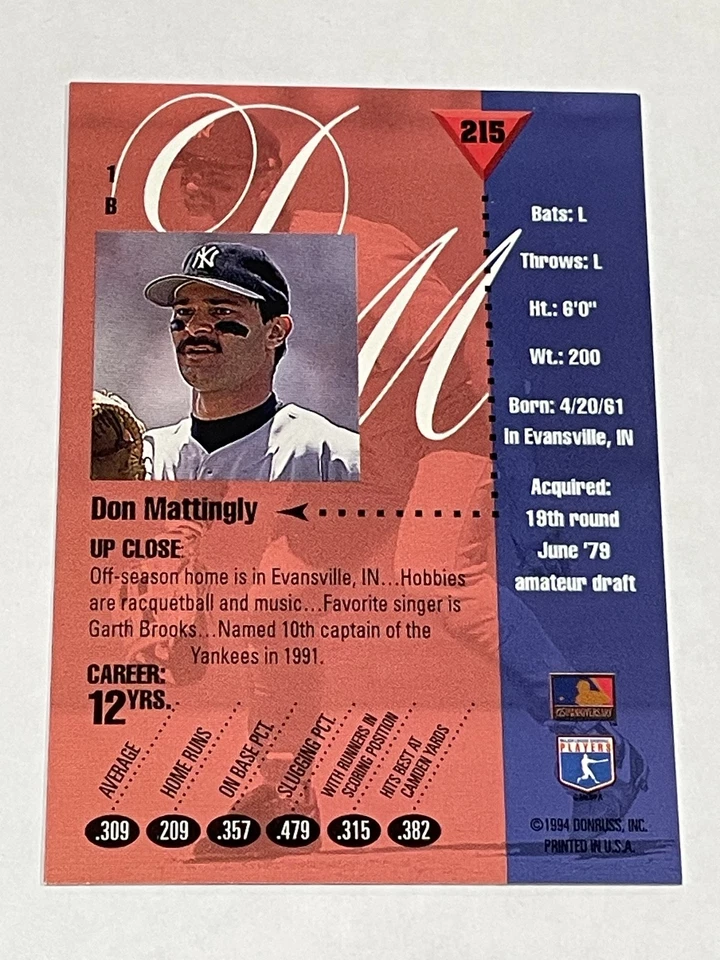 1994 Studio Baseball #215 - Don Mattingly - New York Yankees - Image 2 of 2
