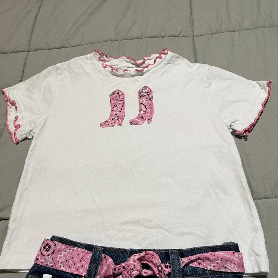 Kiddie Korral 6 Western Wear Bandana Cowboy Boots Denim Jean Skirt Top Set Pink - Image 2 of 4