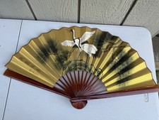Vintage 1970s Hand Painted East Asian Art Fan w/ Red Crowned Cranes & Pine Trees