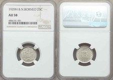 Rare 1929 British North Borneo Small Silver Coin 25 Cents Mint Mark H NGC AU 58