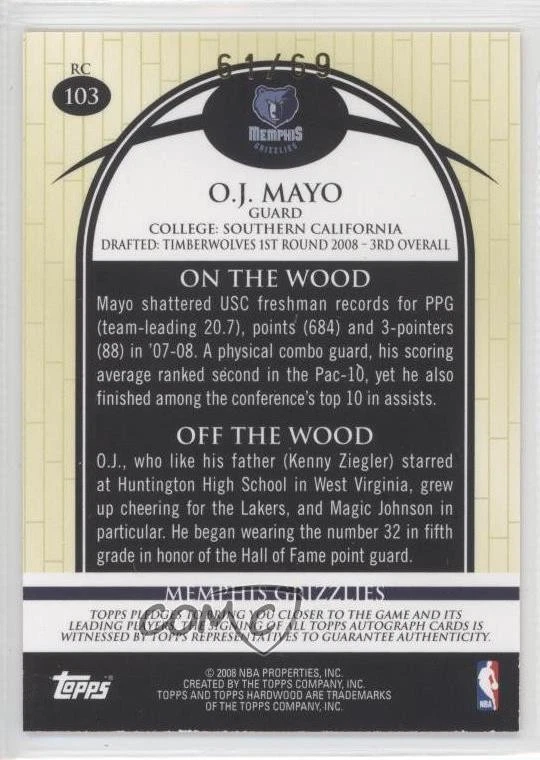 2008-09 Topps Hardwood Rookie Signatures /69 OJ Mayo #103 Auto RC - Image 2 of 2