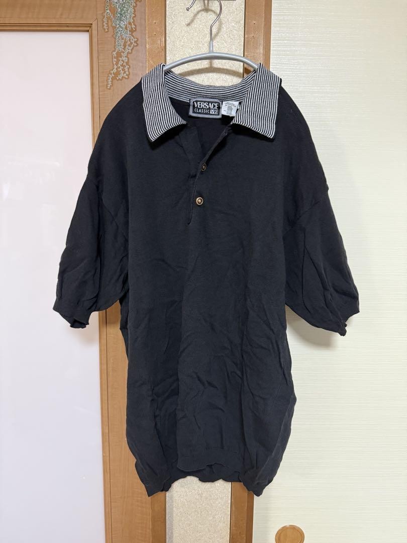 VERSACE Classic V2 Polo Shirt Black Stripes Gold Buttons From Japan y7884