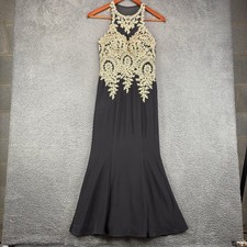 Black Gold Lace Embroidered Halter Neck Mermaid Evening Gown Formal Dress