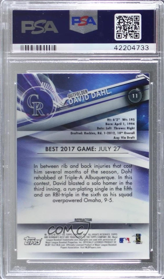 2017 Bowman's Best Refractor David Dahl #11 PSA 10 GEM MT Rookie RC - Image 2 of 2