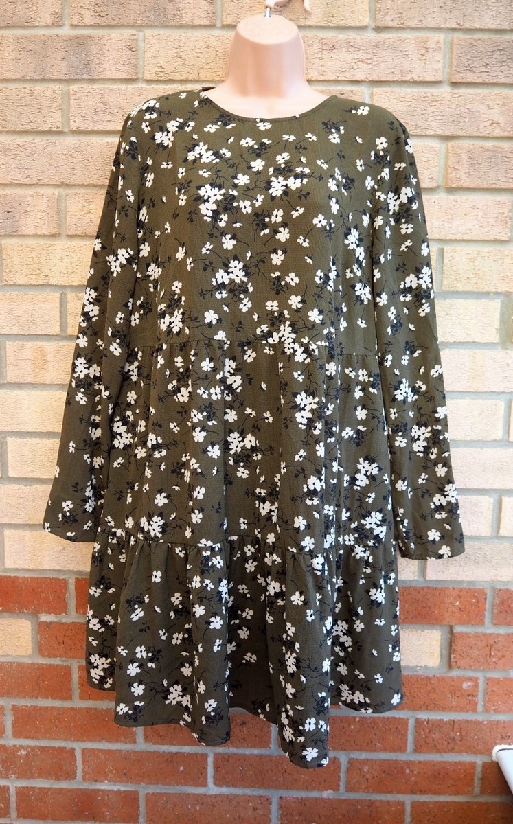 ASOS MATERNITY KHAKI GREEN WHITE FLORAL LONG SLEEVE SMOCK SLIP DRESS 14 L