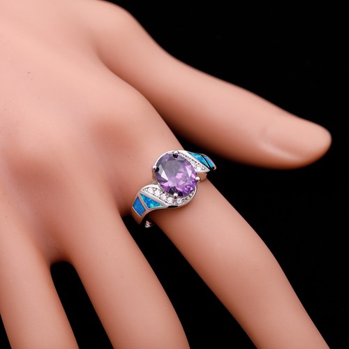 8x10 Oval Simulated Amethyst Blue Fire Opal Silver Jewelry Bypass Ring SZ 7 8 9 - Picture 18 of 24