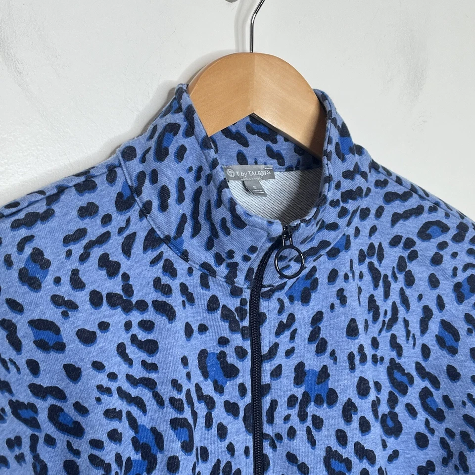 Sudadera Pullover T By Talbots Estampado Leopardo 1/4 Cremallera Azul Para Mujer Talla Pequeña Foto 2 de 4