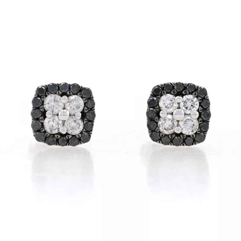 White Gold Black Diamond Square Cluster Halo Stud Earrings 14k