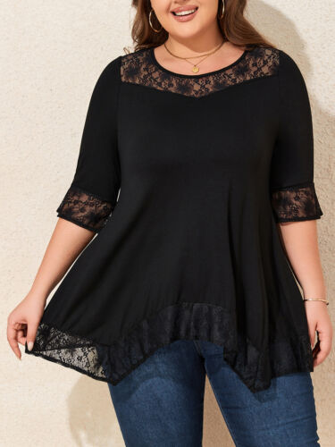 Plus Size 18-28 Womens 3/4 Sleeve Lace V Neck T-Shirt Ladies Tunic Tops Blouse - Picture 13 of 13