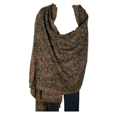 Shawl | Wool + Modal | Paisley Design | Handloomed | Tassels | Teal & Sand