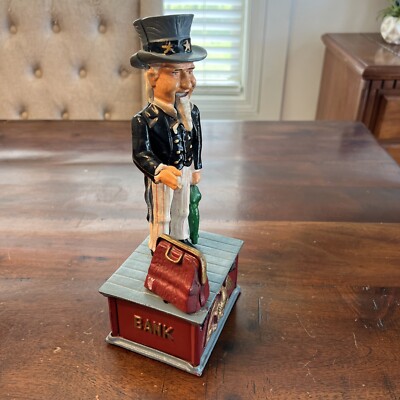 Vintage Cast Iron Mechanical Coin Bank Uncle Sam Working Made In