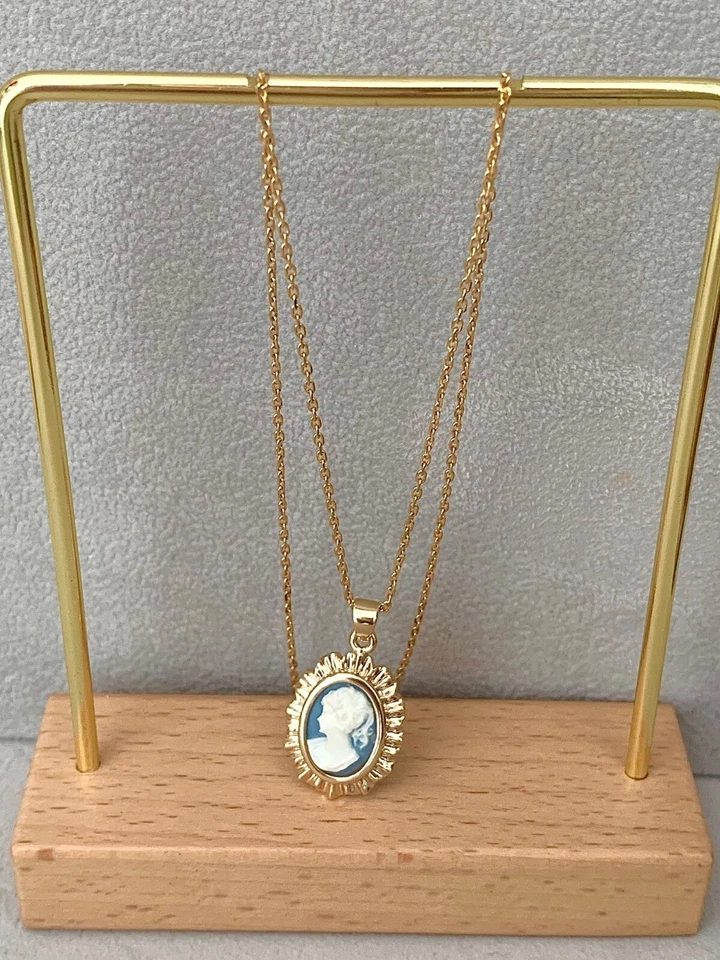 Pendentif Camée Bleu En Plaqué Or 18 Carats 750/1000 Bijoux Femme - Photo 3/4