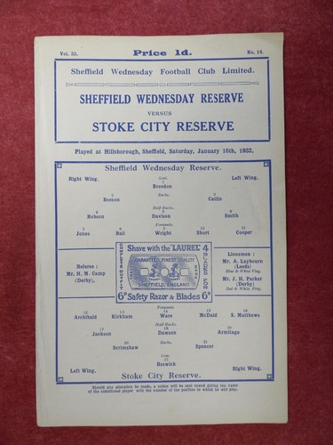 SHEFFIELD WEDNESDAY v STOKE C | 1931/1932 | RESERVES | 16 JAN 1932 | UK FREEPOST