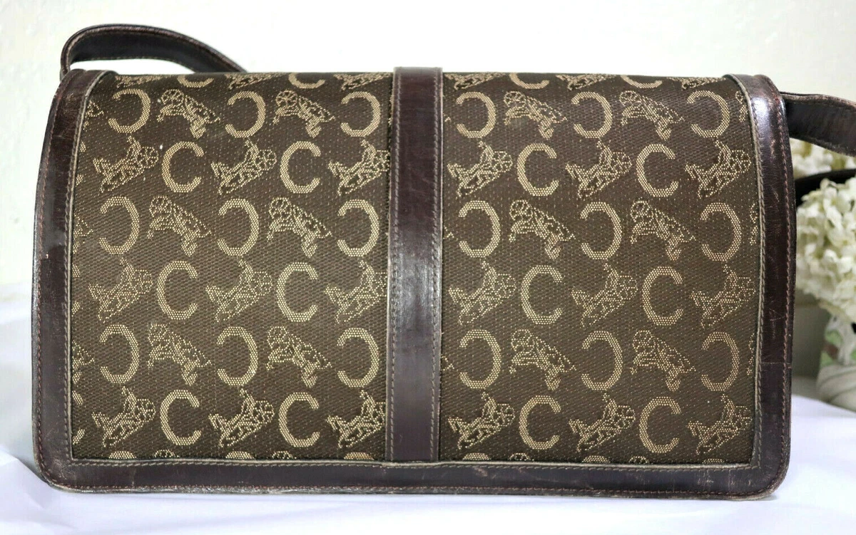 Vintage CELINE Paris Logo Monogram Shoulder Bag Clutch Purse Brown Leather  Equestrian Horse Carriage