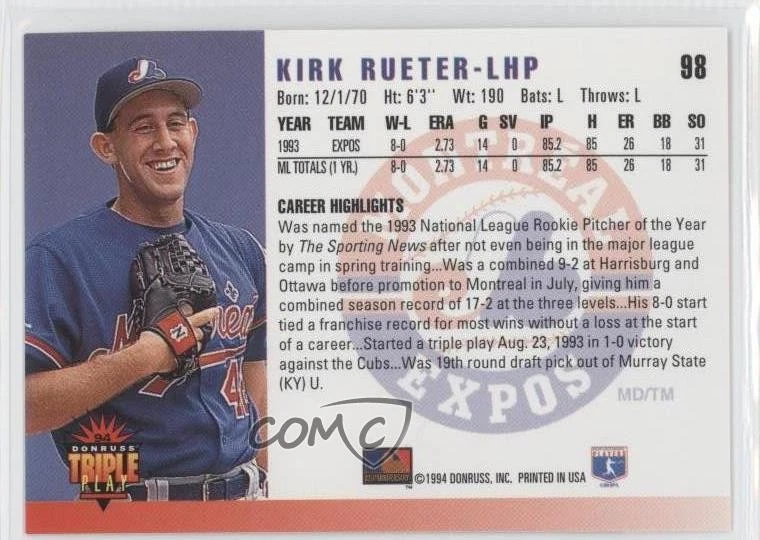 1994 Donruss Triple Play Kirk Rueter #98 Rookie RC - Image 2 of 2